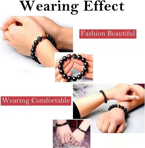 Miniatura 5 de Pulsera de obsidiana negra, pulsera de obsidiana negra Feng Shui para mujeres, hombres y parejas, hecha a mano con piedra tallada de ojo de tigre