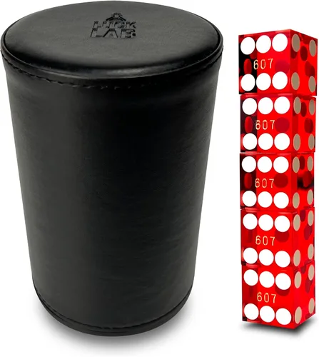 Luck Lab Taza apilable de cuero negro con 5 dados de casino serializados con borde de maquinilla de afeitar de 0.748 in, taza recta profesional para