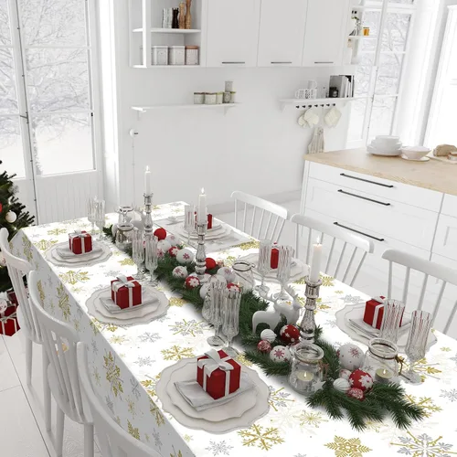 Miniatura 8 de 3 Piezas Decoraciones de Mantel de Fiesta de Plástico con Copos de Nieve de Navidad, Cartel de Fondo Navideño Azul con Copo de Nieve Blanco Cubierta