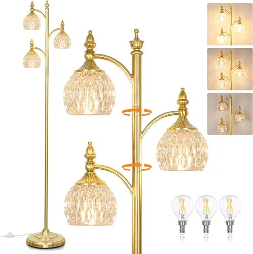 Miniatura 15 de JUNNAI Lámpara de pie negra para sala de estar, lámpara de pie alta, regulable, con 3 luces giratorias, pantalla de cristal, lámpara de esquina Negro