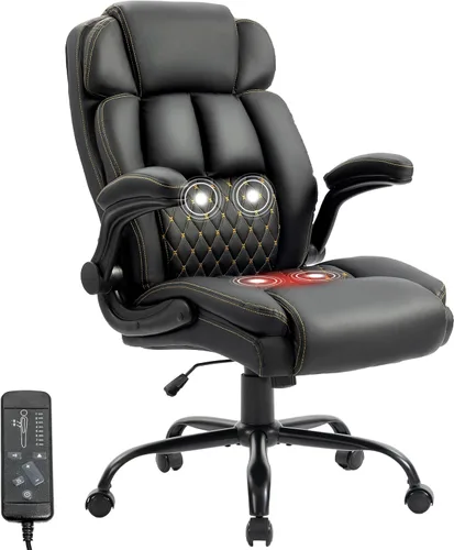 Silla de oficina de masaje, sillas de escritorio ergonómicas mecedoras de 500 libras con 4 puntos de vibración y calor, reposabrazos abatibles Pu