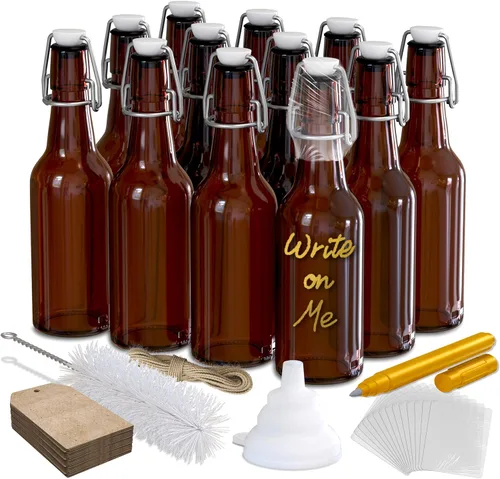 Nevlers 8.5 Oz Botellas de vidrio ámbar para cerveza de 12 unidades | Botellas de vidrio con tapa abatible con tapas herméticas | Juego de botellas