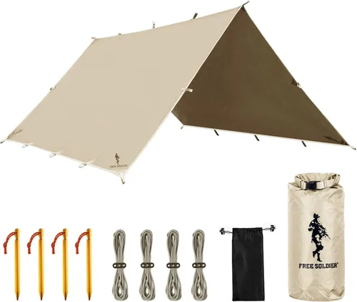 Miniatura 13 de FREE SOLDIER Lona impermeable portátil multifuncional para exteriores, camping, viajes; toldo de mochilero, refugio contra la lluvia Marrón verdoso