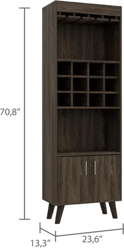Miniatura 3 de FM FURNITURE Edessa - Armario de bar con 12 cubos de vino, 2 estantes abiertos, estante de vidrio y un gabinete de doble puerta, nogal oscuro
