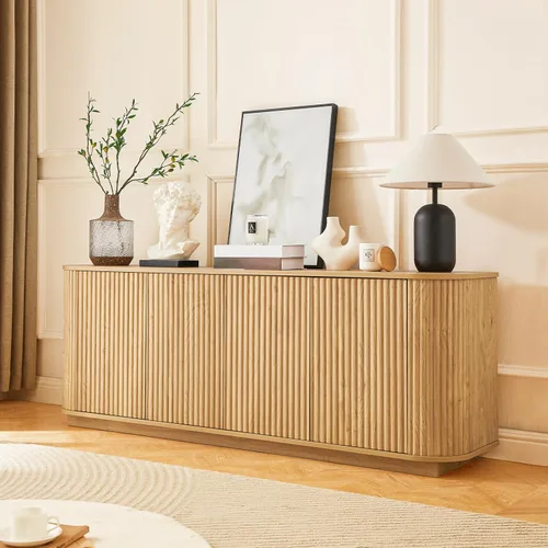 Aparador de buffet de 64 pulgadas con almacenamiento, moderna credenza acanalada con estantes ajustables, mesa consola de barra de café de madera