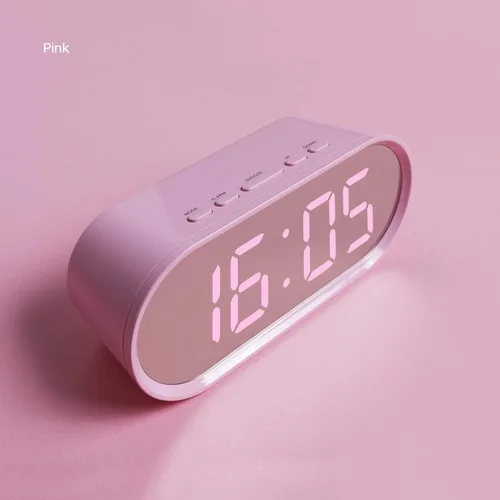 Miniatura 2 de mooas Reloj despertador digital Pop Mirror, reloj de escritorio LED rosa con luz nocturna, repetición, temperatura, funciona