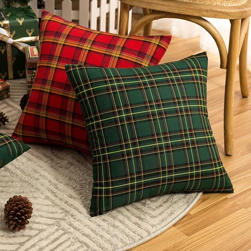 Miniatura 2 de AQOTHES Juego de 2 fundas de almohada decorativas a cuadros de Navidad para decoración rústica de casa, tartán escocés, verde, 22 x 22 pulgadas