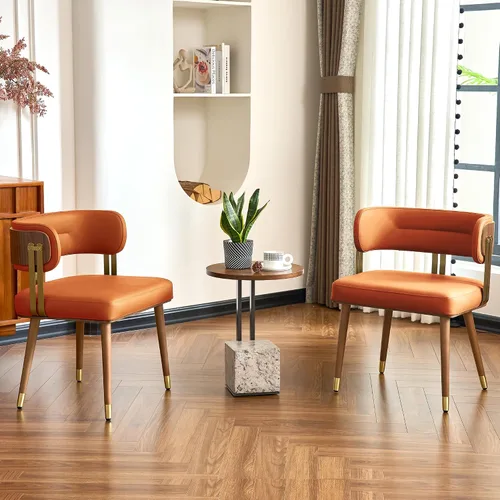 Miniatura 2 de ARTPLAN Mid-Century - Juego de 2 sillas de comedor tapizadas de cuero con chapa de madera de nogal y patas de metal dorado, cojín de espuma de alta