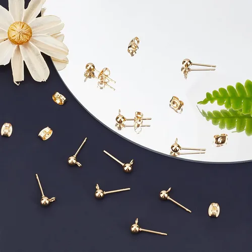 Miniatura 4 de Beebeecraft 100 PIEZAS de Pendientes de Poste de Bola Chapados en Oro de 24K con Lazo, Accesorios para Pendientes con Poste de Bola para Hacer Dorado