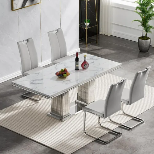 Miniatura 32 de Juego de mesa de comedor de 5 piezas, moderno juego de mesa de comedor para 4, 70 pulgadas, juego de mesa de comedor de mármol sintético blanco