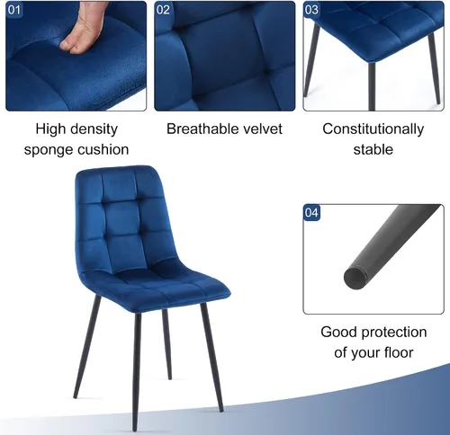 Miniatura 5 de Juego de 4 sillas de comedor de terciopelo, color azul marino con patas de metal, ideales para cocina, comedor, sillas de cocina para 4