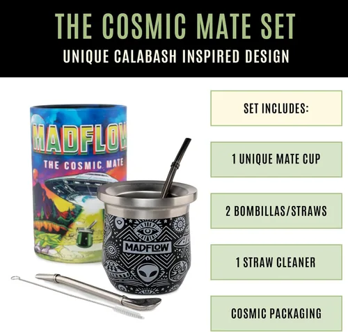 Miniatura 2 de MADFLOW Taza de Yerba Mate. Taza de Mate de Acero Inoxidable con 2 Bombillas. Calabaza de Yerba Mate Aislada al Vacío de Doble Pared. Juego Único