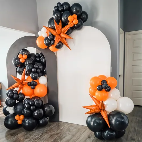 Miniatura 5 de Kit de arco de globos de baloncesto, kit de guirnalda de globos negros y naranjas, globos de estrella plateada de papel aluminio para baloncesto
