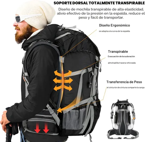 Miniatura 3 de Mochila Loowoko de 50 l para senderismo, impermeable, con cubierta para la lluvia, mochila esencial para acampar, mochila ligera de 45 + 5 litros