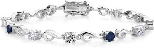 Miniatura 2 de Gem Stone King Pulsera de plata de ley 925 con zafiro azul y moissanita blanca y diamantes blancos cultivados en laboratorio para mujer