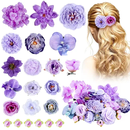 Miniatura 8 de BBTO 21 piezas pinzas para el pelo con diseño de flores, pasadores para el cabello con rosas, diademas para mujer, accesorios de flores, estilo Azul