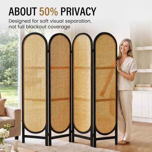 Miniatura 2 de Divisor de habitación de ratán arqueado de 5.6 pies, pantalla de privacidad plegable, 4 paneles independientes con bisagras dobles, divisor