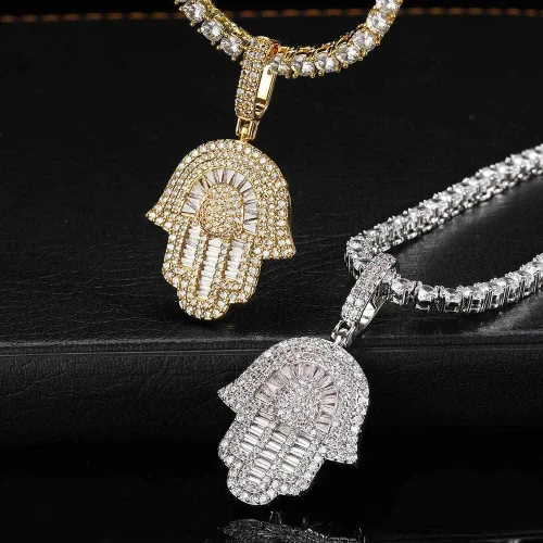 Miniatura 5 de Collar Hip Hop Hamsa para hombre, colgante de mano Hamsa de oro blanco de 18 quilates para mujer