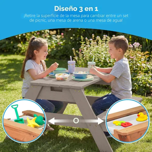 Miniatura 4 de Best Choice Products Mesa de arena y agua 3 en 1 para niños, mesa de picnic convertible de madera para exteriores con paraguas, 2 bandejas, parte