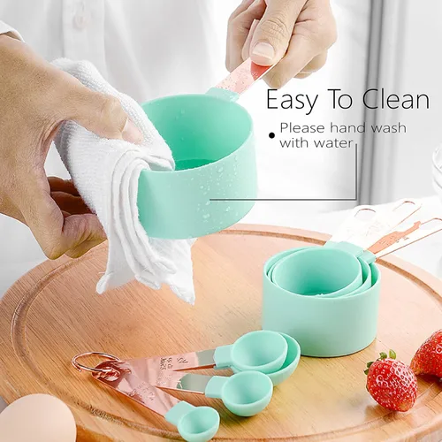 Miniatura 5 de Juego de tazas y cucharas medidoras con mango de acero inoxidable de oro rosa, 8 cucharadas apilables y precisas para medir ingredientes secos