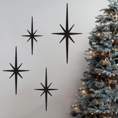 Miniatura 5 de Blulu 4 piezas de decoración de pared de hierro fundido con forma de estrella de Starburst, decoración de metal de mediados de siglo moderno, Gris
