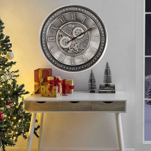 Miniatura 6 de CLXEAST Reloj de pared grande de 24 pulgadas con engranaje móvil para decoración de sala de estar, relojes de pared con números romanos de metal