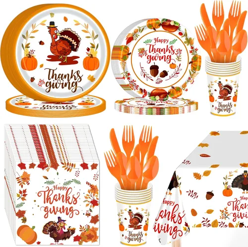 KatchOn Paquete de fiesta de Acción de Gracias, 176 piezas para 25 invitados, mantel, platos, servilletas, tazas y cubiertos para decoración de mesa