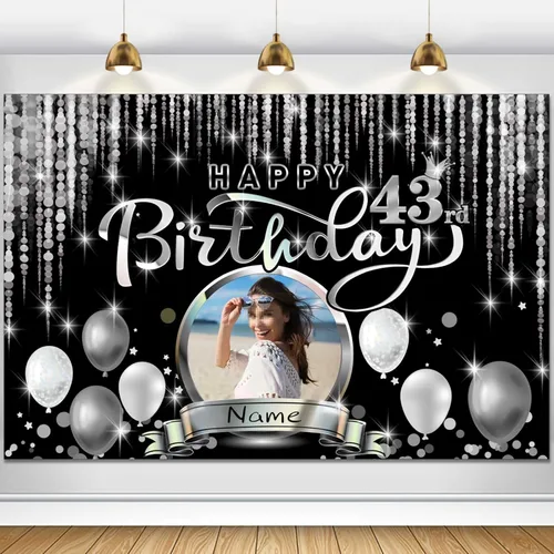 Miniatura 73 de Cartel de decoración de feliz cumpleaños número 100 personalizado - Personalización disponible - Negro y plateado - Tamaño grande - Admite fotos