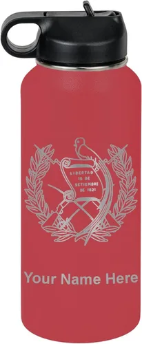 Miniatura 34 de LaserGram Botella de agua personalizada, bandera de Guatemala, acero inoxidable de doble pared aislada al vacío con popote superior, regalo grabado