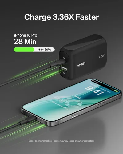 Miniatura 2 de Belkin Bloque de cargador de doble puerto de 42 W, cargador USB-C + USB-A de carga súper rápida - Samsung Galaxy S26, Apple iPhone 17, Air, Pro, Pro