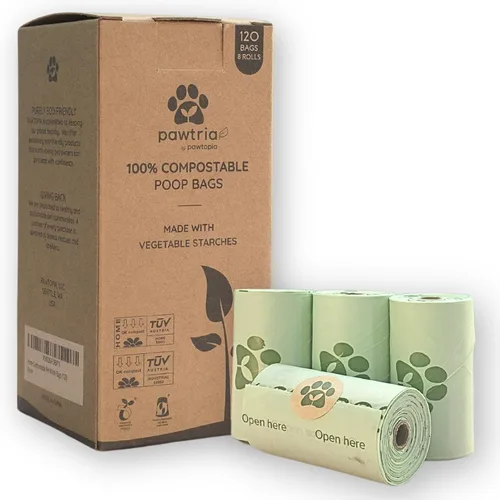 Pawtria Certified Home - Bolsas compostables para excrementos de perro (120), bolsas para excrementos de perros, arena para gatos, almidones
