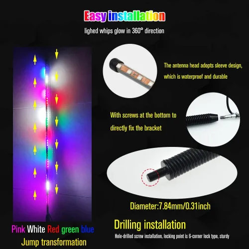 Miniatura 4 de YEORO 2 piezas Tiras LED Dobles RGB 270 Luces Estroboscópicas Automáticas de Antena Impermeables para UTV, ATV (2.4 pies)