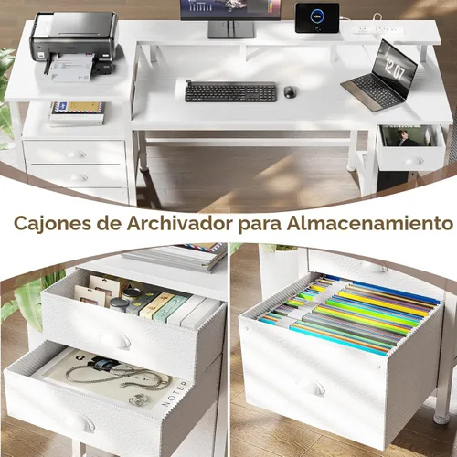Miniatura 5 de Furologee Escritorio para juegos de 52 pulgadas con luces LED y tomas de corriente, escritorio reversible para computadora con 4 cajones, archivador