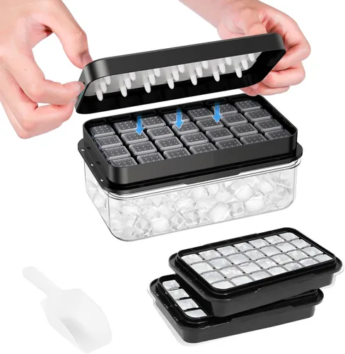 Miniatura 19 de Bandeja para cubitos de hielo con tapa y contenedor, 28 moldes para cubitos de hielo, bandejas de hielo para congelador, molde de bandeja