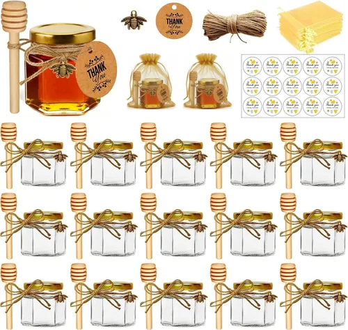 Miniatura 13 de Adabocute Mini tarros de miel – Tarro hexagonal de miel de vidrio con tapas doradas, cubos de madera, abalorios de abeja y yutes – Pequeños tarros