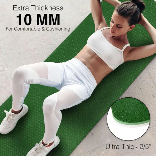 Miniatura 5 de Tapete de yoga para ejercicios extra grueso con correa - 2/5 pulgadas (10 mm), tapete antideslizante para entrenamiento de yoga, pilates y Verde