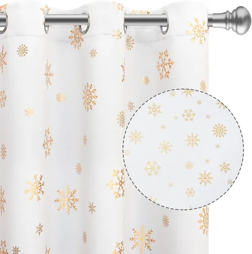 Miniatura 19 de FRAMICS Cortinas de Navidad con estampado de copos de nieve dorados en papel de aluminio, cortinas opacas con aislamiento térmico para sala de estar