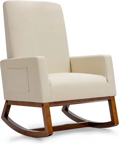 MEDIMALL Cómoda mecedora, sillón moderno de tela con base de madera, bolsillo lateral, asiento acolchado de lino, adecuado para sala de estar,