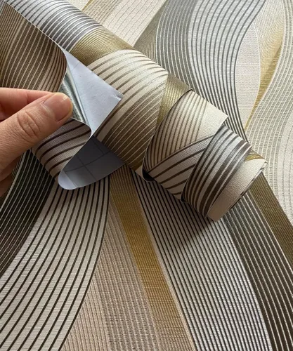 AMINAH DECO Papel tapiz autoadhesivo con rayas onduladas, para despegar y pegar, papel tapiz a rayas en relieve metálico con purpurina de 20.8 x