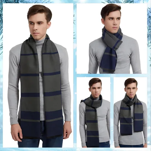 Miniatura 3 de EINSKEY Bufanda de invierno para hombre, paquete de 2 bufandas de mezcla de lana con borlas de contraste a rayas suaves y largas bufandas de moda