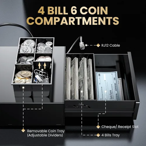 Miniatura 3 de Tera Cajón de caja registradora 8 "Mini: 4 billetes 6 monedas pequeño cajón de efectivo abierto automático con ranura para medios 24V Cable RJ12