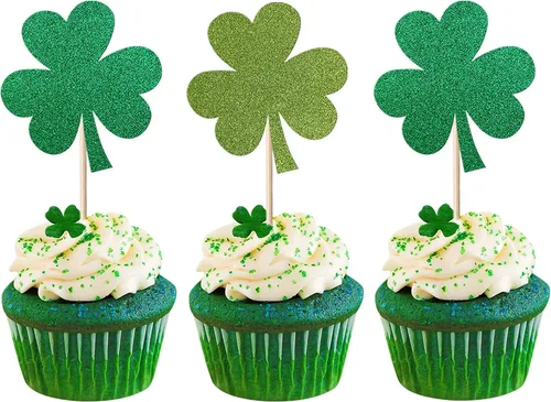 Miniatura 13 de 1 paquete de decoración para pastel de cumpleaños del día de San Patricio con purpurina verde de trébol de la suerte de cuatro hojas, trébol