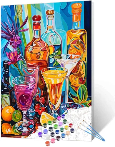 Miniatura 15 de Pintura de fiesta de vino tinto por números para adultos principiantes, vino vintage en vidrio, pintura por números, pintura acrílica, lienzo