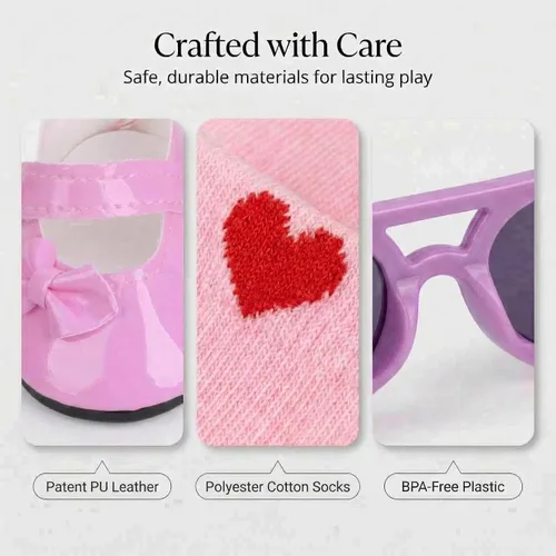 Miniatura 8 de MSYO Juego de 8 zapatos y accesorios de muñeca de 18 pulgadas, 3 pares de calzado de muñeca de moda, 3 pares de calcetines de corazón + 2 pares
