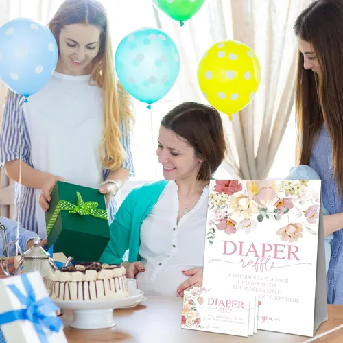 Miniatura 5 de Juego de rifas de pañales florales para baby shower, flores de acuarela, 1 letrero de pie y 50 boletos de raftel de pañales, anuncio de bebé