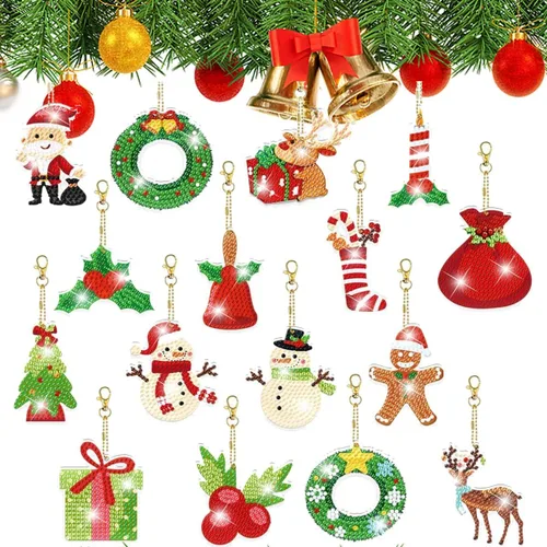 YUE ZHE 16 PCS Kits de Arte de Diamante de Navidad para Adultos, Llaveros de Arte de Diamante Doble Cara, Llaveros de Pintura 5D de Navidad DIY,