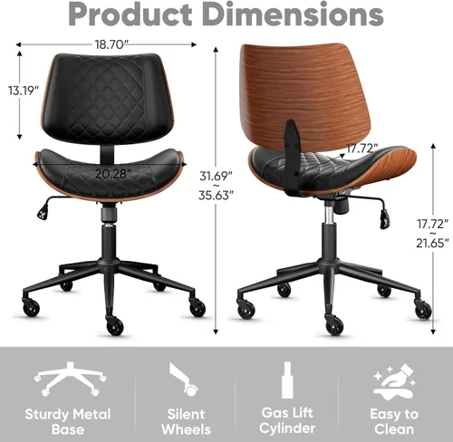 Miniatura 3 de Silla de escritorio de oficina en casa con ruedas giratorias, moderna silla de oficina sin brazos de piel sintética, pequeña silla de computadora