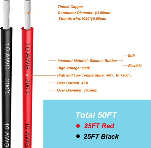 Miniatura 2 de Cables eléctricos de silicona de 10 AWG de 5,2 mm² de 50 pies [25 pies negro y rojo de 25 pies] calibre 10 600 V suave y flexible Engánchate Cable