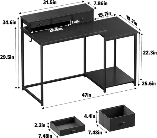 Miniatura 2 de SINPAID Escritorio para computadora de 47 pulgadas con estante para impresora, escritorio de juegos con soporte para monitor y cajones, escritorio