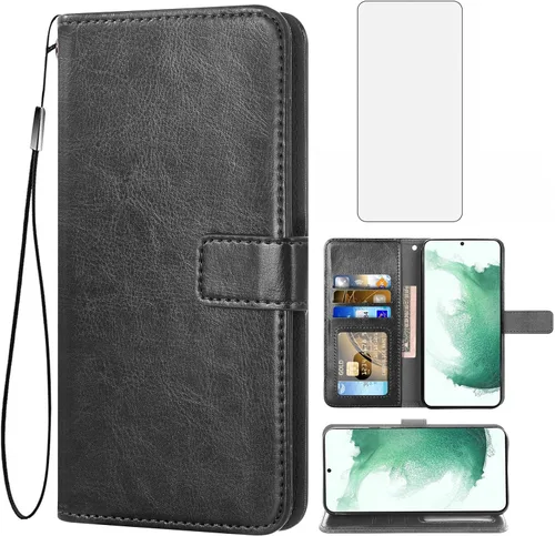 Asuwish Funda tipo cartera compatible con Samsung Galaxy S22 5G, protector de pantalla de vidrio templado y funda de cuero con tapa para tarjetas,
